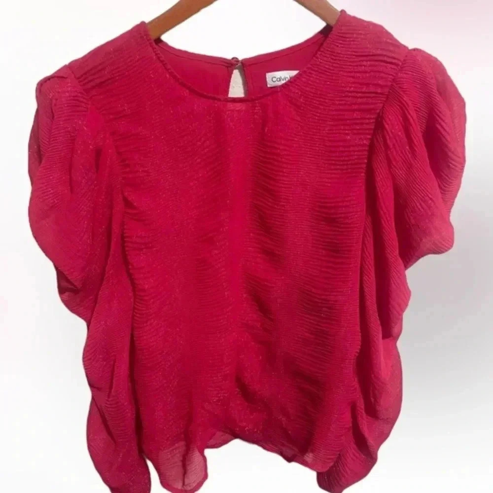 Calvin Klein women’s puff‎ shoulder chiffon pullover top